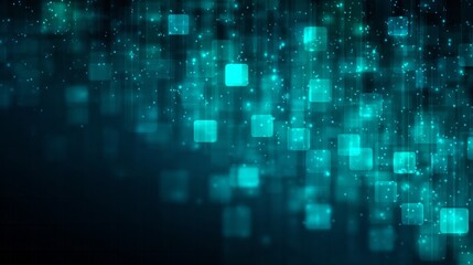 Numerous glowing cyan squares descend against a dark, abstract background with shimmering particles