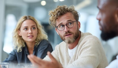 People engaged in a serious discussion around a table indoors.