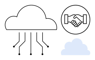 Cloud computing concept. Cloud illustrations, digital connections, and collaboration handshake symbol. Cloud computing enabling teamwork, data sharing, innovation, and connectivity. For technology