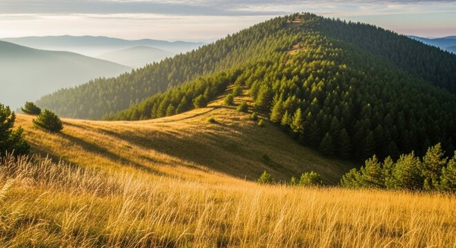 Golden hills and dense evergreen forests covering mountain ridges under soft morning light and distant misty layers.