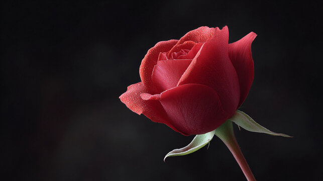 Elegant closeup of a red rose in full bloom against a dark background. Symbol of love, passion, or romance. Ideal for Valentines Day, weddings, or heartfelt designs.