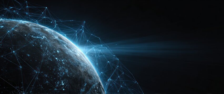 Earth at night with glowing blue global network connections overhead