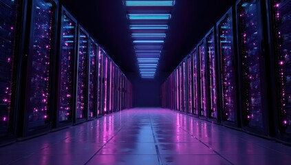 Server room aisle with glowing pink and blue neon lights.