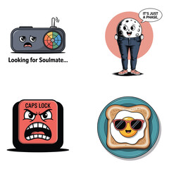 Sad radio, moon in jeans, angry caps lock key, fried egg with sunglasses lonely looking