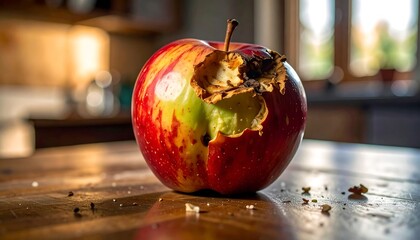 A decaying apple sits on a rustic wooden surface, showing signs of decay against a blurred kitchen backdrop