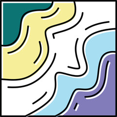 Abstract Organic Shapes and Lines in Teal Yellow Blue and Purple on White Background Minimalist Graphic Design with Smooth Curves and Black Strokes Representing Flowing Movement and Modern Art Style