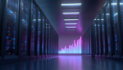 Server room aisle with glowing blue and pink data visualization.