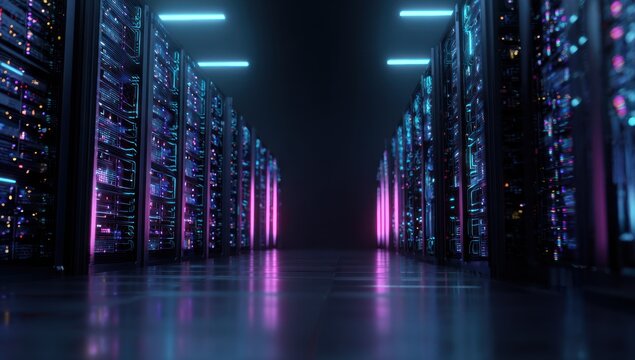 Dark server room aisle with glowing blue and magenta lights reflecting.