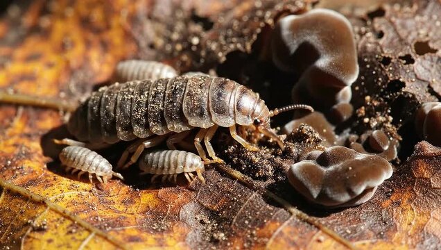 Woodlice on a decaying leaf A macro shot of nature's decomposers