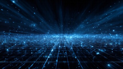 Digital grid pattern extends into dark space filled with luminous blue particle effects