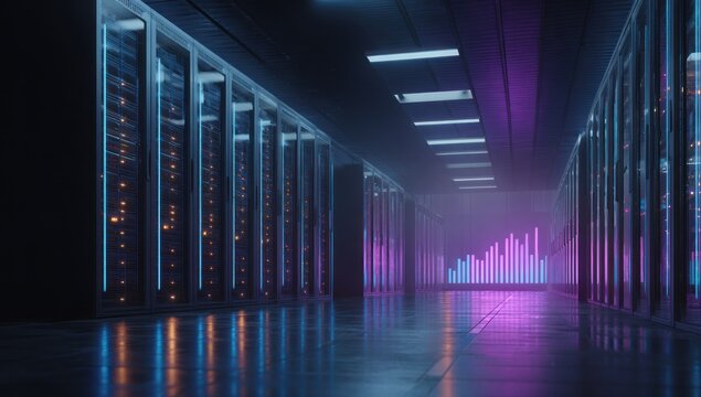 Server room aisle with glowing racks and holographic bar chart display.