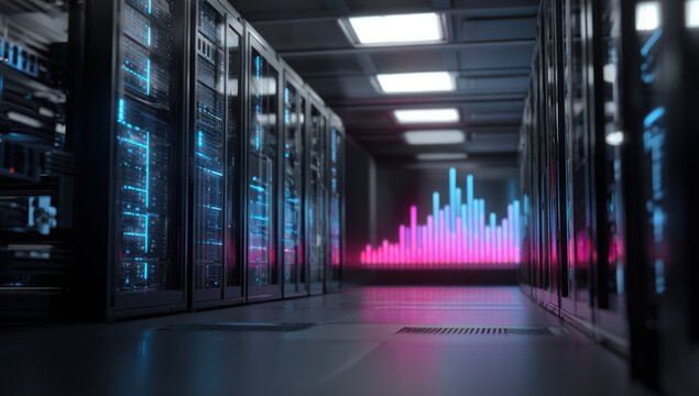 Server room aisle with glowing blue and pink data visualization.