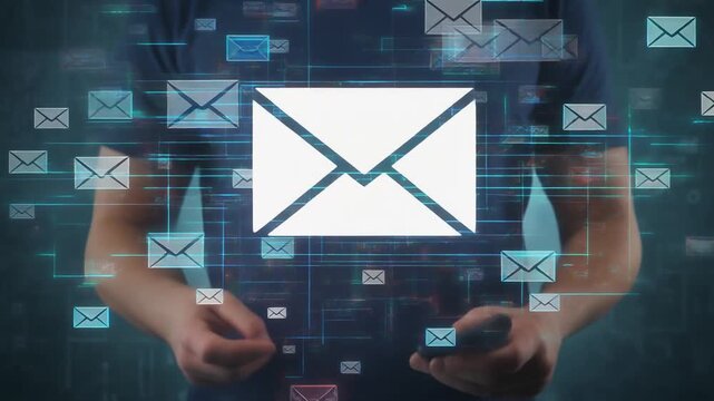 Man holding smartphone with glowing email icons and network lines symbolizing digital communication and messaging services for modern business and online connection. - Powered by Adobe