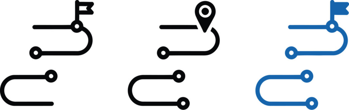 Versatile vector icons showcasing various navigation routes, journey paths, and destination markers for effective mapping, travel planning, and location services
