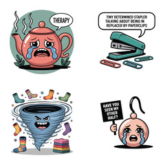 Sad teapot crying therapy, angry tornado with socks, stapler and paperclips, earring Keywords