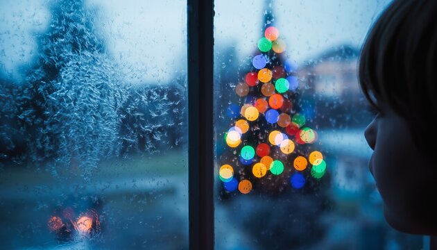 Child gazing through frosted window at colorful Christmas tree lights creating magical bokeh during winter evening