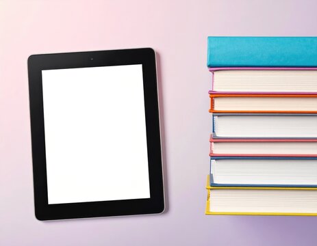 Sleek black digital tablet with a vibrant white blank screen is positioned neatly next to a tall, perfectly organized stack of colorful academic books.
