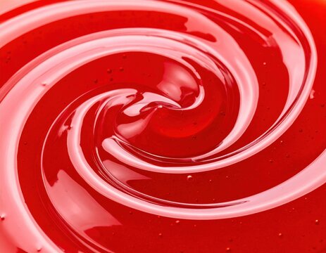 Vibrant red viscous liquid forms a mesmerizing spiral pattern, showcasing its glossy surface and smooth flowing texture as an abstract design.
