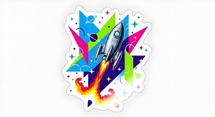 A vibrant sticker featuring a metallic, silver rocket launching through a background of bright, neon-colored geometric shapes and stars, suggesting a theme of space, speed, and energetic, retro-futuri