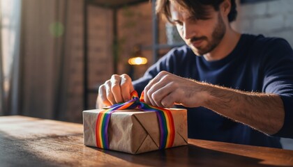 Hands carefully tying vibrant rainbow ribbon around brown paper gift package in cozy indoor setting