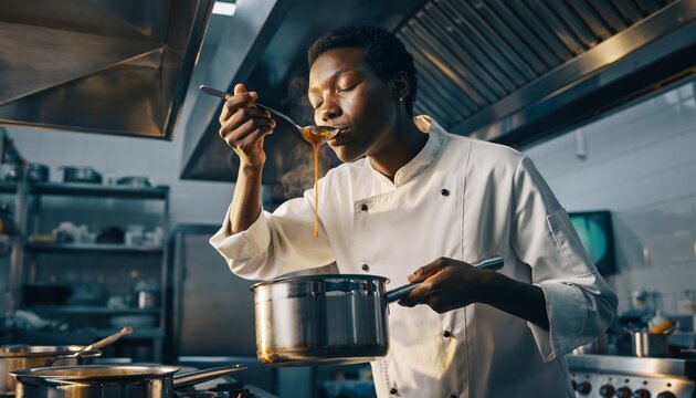 Talented culinary artist savoring golden sauce while cooking in state-of-the-art restaurant kitchen