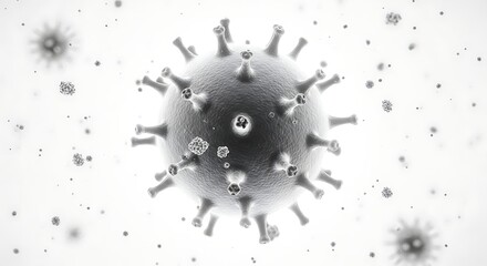 Monochrome depiction of a virus particle with surface spikes.