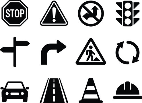 Collection of various traffic and road safety signs and symbols for navigation and warnings