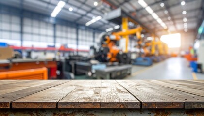 A wooden table sits in front of a blurred manufacturing floor with machinery and natural light filtering in