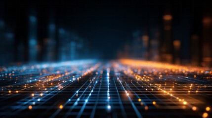 Digital network grid illuminates with contrasting blue and orange data flow in abstract technological environment