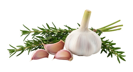 Garlic bulb and cloves with rosemary silhouette