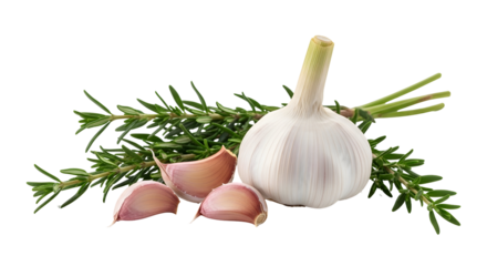 Garlic bulb and cloves with rosemary silhouette