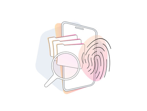 Biometric file access enhances mobile security. Fingerprints file access scans for folder authentication. Biometric authentication data privacy, threat protection in 2026 app ecosystems illustration