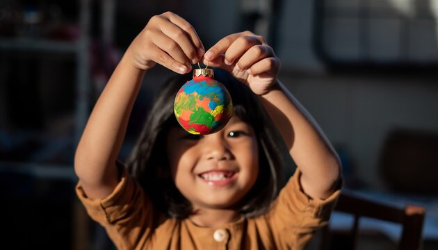 Joyful Child Displaying Handmade Earth Globe Christmas Ornament with Colorful Continents