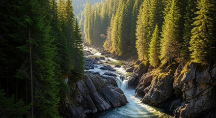 A mountain river flowing through rocky terrain surrounded by dense evergreen forest in warm golden light.