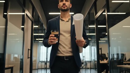 A confident businessman walking office hallway corridor modern interior glas wall professional attire coffee cup document roll morning light focu ambition career growth motivation balance corporate