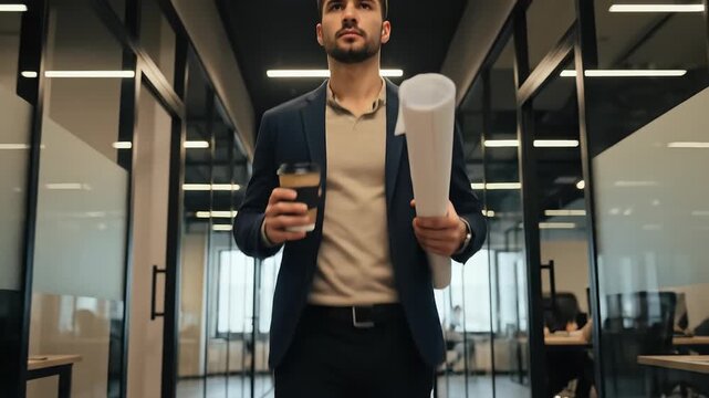 A confident businessman walking office hallway corridor modern interior glas wall professional attire coffee cup document roll morning light focu ambition career growth motivation balance corporate