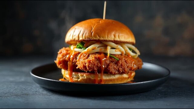 Hamburguesa de pollo crujiente con salsa picante y vegetales frescos