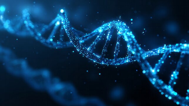 Glowing blue particle representation of a double helix structure rotates against a dark background