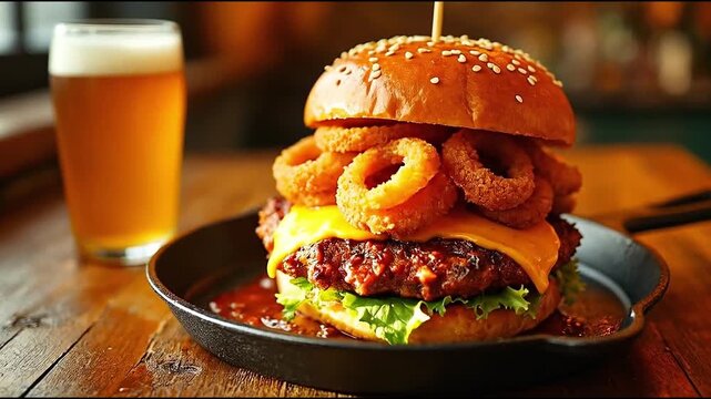 Hamburguesa de carne con salsa barbacoa, aros de cebolla crujientes y queso cheddar fundido en sart&eacute;n de hierro con vaso de cerveza al fondo.