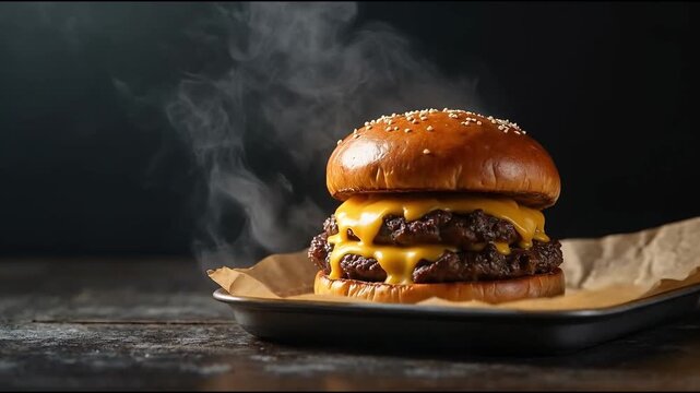 Hamburguesa doble con queso derretido, pan brioche con semillas y vapor visible sobre bandeja met&aacute;lica negra