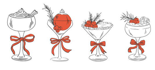 Naklejka na ściany i meble Hand drawn Christmas cocktails with bows set. Coquette holiday aesthetic glasses with ribbon and bow in sketch style. Xmas elegant martini, champagne, wine. Doodle line art vector illustration