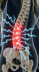 Back Pain Anatomy Illustration with Spine and Nerve Pain Signals