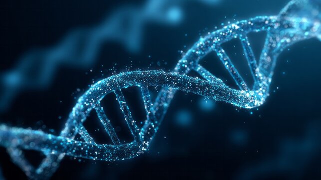 Illuminated double helix structure glows with bright digital particles against a dark background