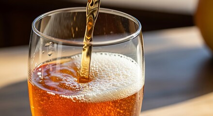 Pouring golden beer into a glass creating a foamy head.