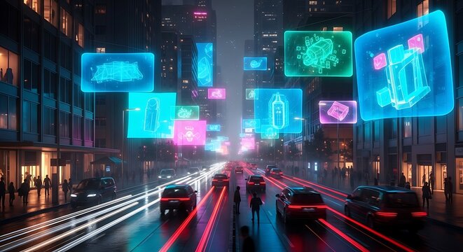 Futuristic Cityscape with Neon Holograms and Light Trails.