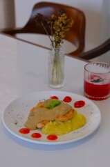 Creamy mushroom chicken steak with mashed potato, menu for breakfast, brunch, lunch or dinner. Steak ayam saus jamur