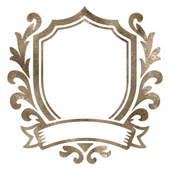 Golden textured shield frame with decorative flourishes