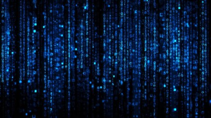 Cascading streams of luminous blue digital code flow downward against a dark background