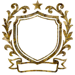 Gold aged, oxidation, shield crest with star and ornate framing