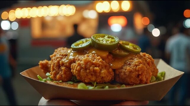 Tiras de pollo crujiente con salsa y jalape&ntilde;os en food truck callejero